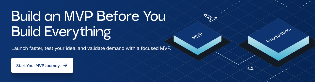 MVP development service banner promoting focused MVP development, faster launch, and product validation